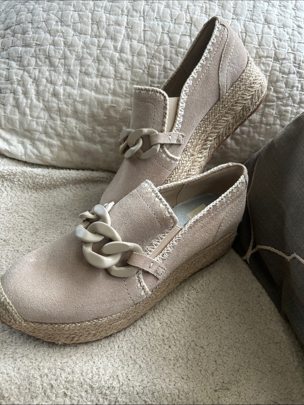 Dolce Vita Beige Espadrille Wedge Loafers with Chain Accent